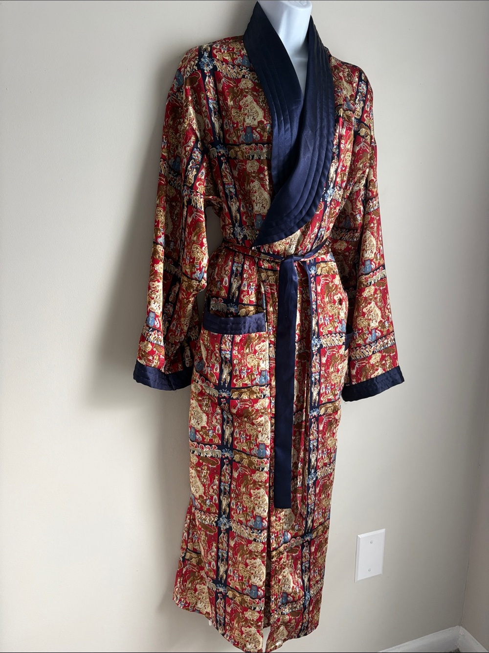 Vintage Victoria’s Secret Satin Wrap Robe with Navy Shawl Collar